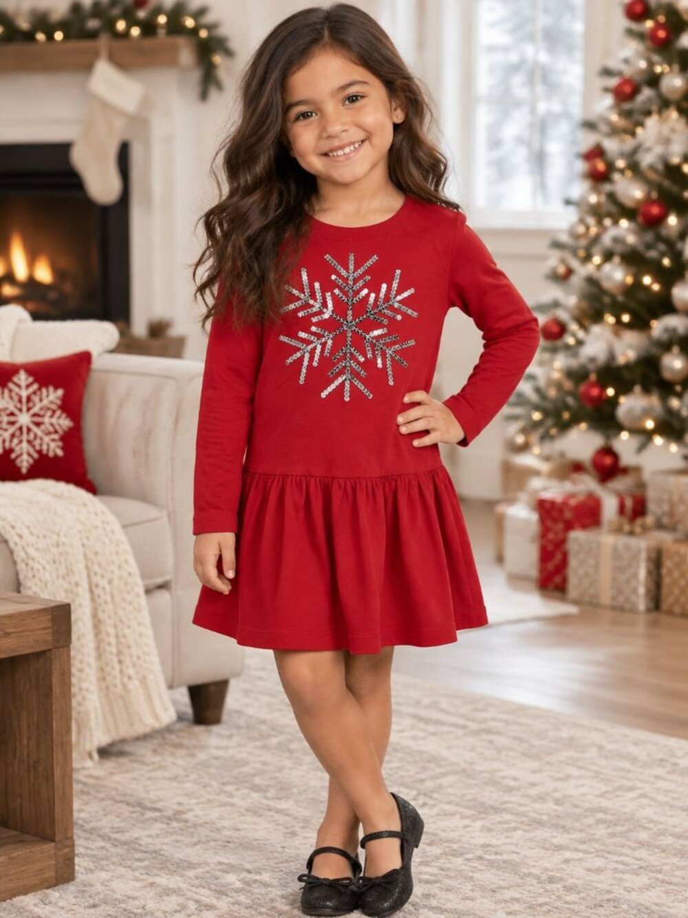 Gymboree Girls Red Snowflake Dress Sparkly Design Cotton Long Sleeve Size 7